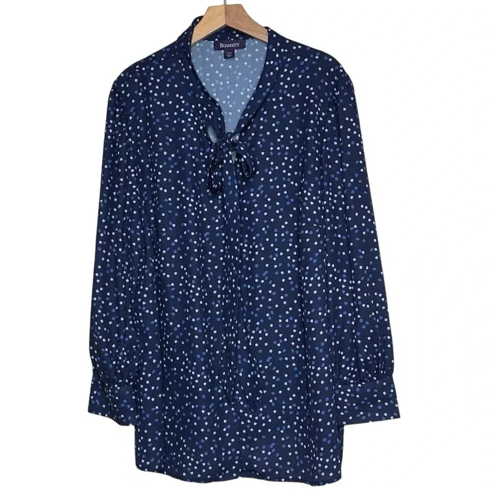 Roaman's Blouse 24W Navy Blue Polka Dot Tie Neck Long Sleeve Career Tunic